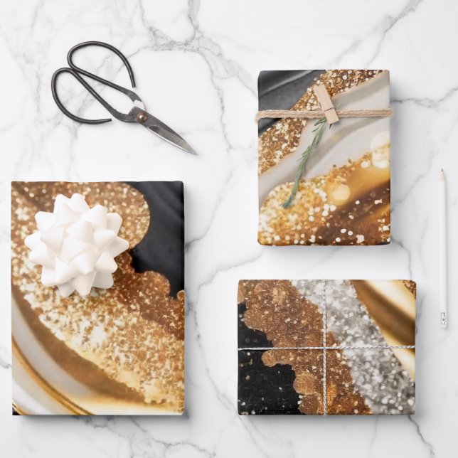 Aquarellfarben Schwarz & Gold Glitzer Agate Alkoho Geschenkpapier Set (Vorderseite)