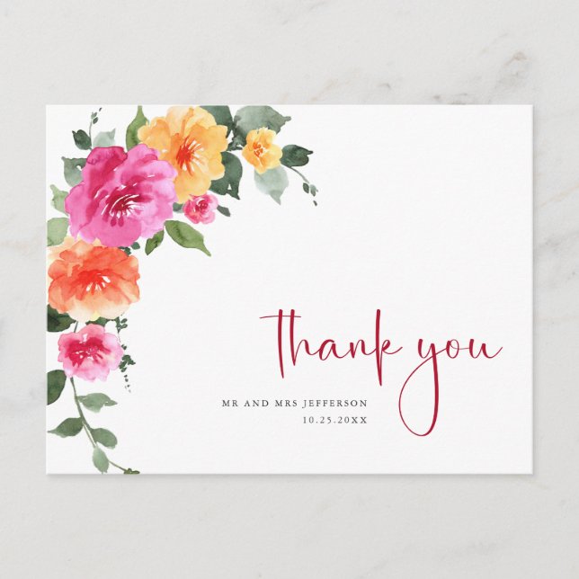 Aquarellfarben - Schwarz, Rosa Blume Danke Postkarte (Vorderseite)