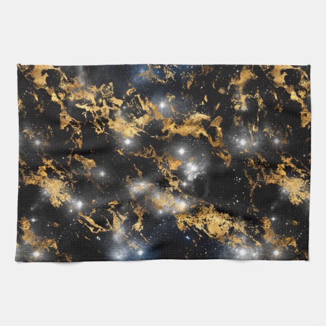 Aquarellfarben Schwarz und Gold Marmorgalaxie Geschirrtuch (Horizontal)