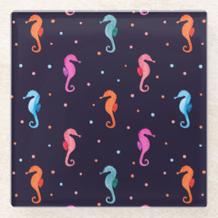 Aquarellfarben-Seepferde auf Navy Blue Pattern Glasuntersetzer
