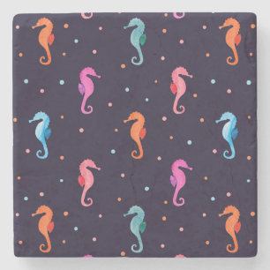 Aquarellfarben-Seepferde auf Navy Blue Pattern Steinuntersetzer