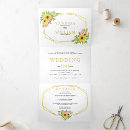Aquarellfarben Sonnenblumen, geometrische Hochzeit Dreifach Gefaltete Einladung