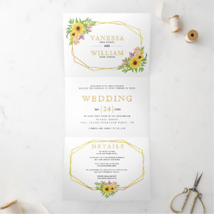 Aquarellfarben Sonnenblumen, geometrische Hochzeit Dreifach Gefaltete Einladung