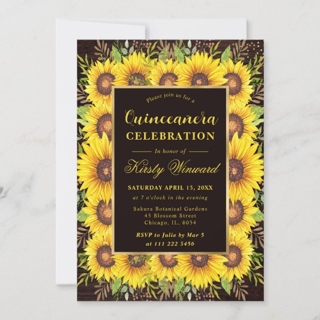 Aquarellfarben Sonnenblumen Grenzrahmen Quinceaner Einladung (Vorderseite)