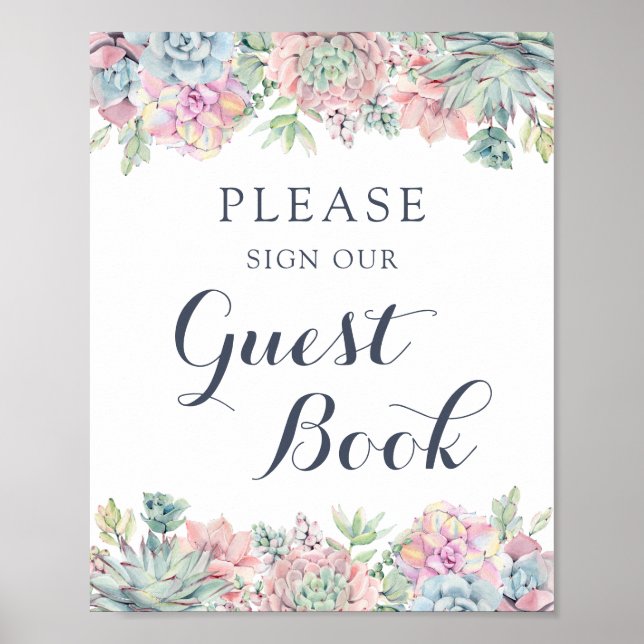 Aquarellfarben Sukkulente Blush Elegantes Gästebuc Poster (Vorne)
