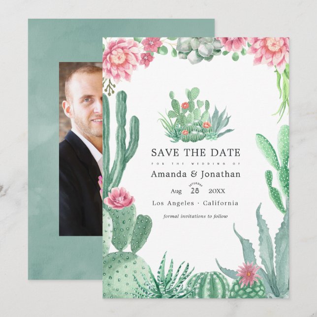 Aquarellfarben-Sukkulente Hochzeitsstichtel-Foto Save The Date (Vorne/Hinten)
