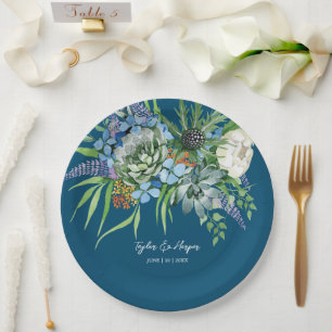 Aquarellfarben Sukkulentflora Bouquet Boho Wedding Pappteller