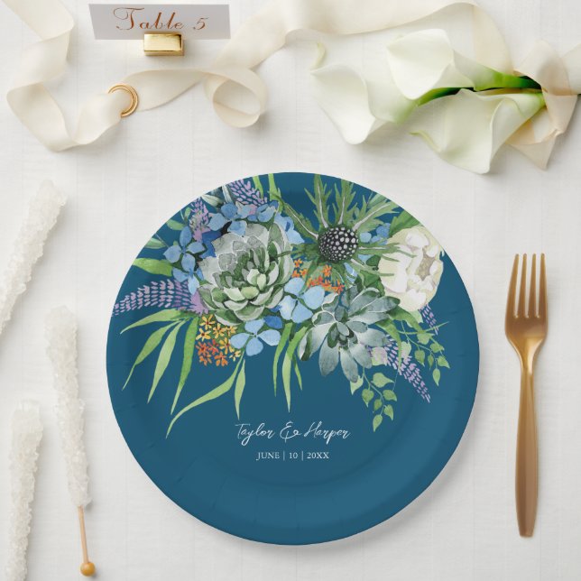 Aquarellfarben Sukkulentflora Bouquet Boho Wedding Pappteller (Hochzeit)