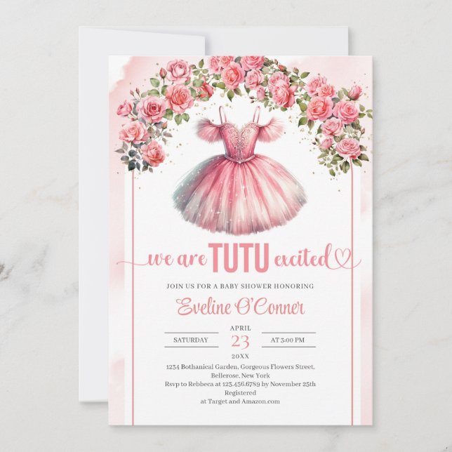 Aquarellfarben Tutu Kleid Rose und Goldgewölbe Einladung (Vorderseite)