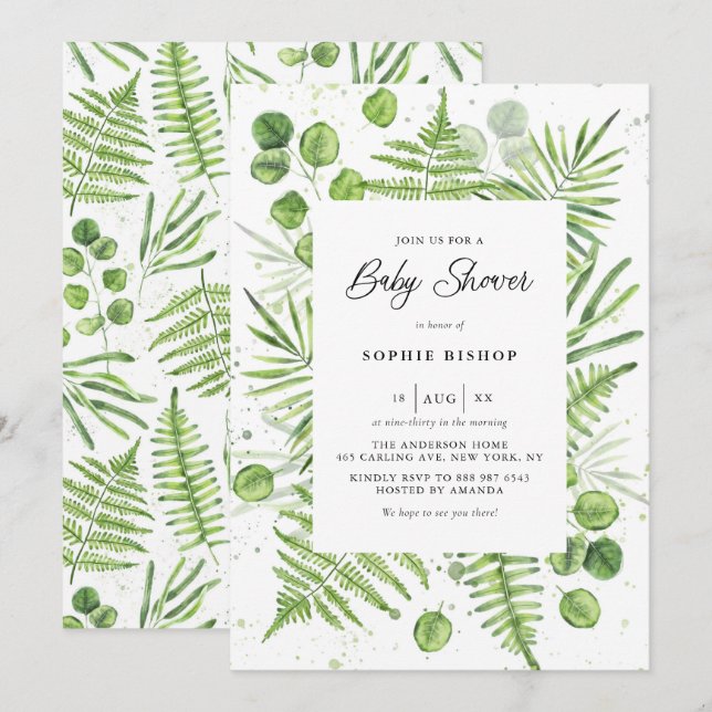 Aquarellfarben und Eukalyptus Frame Baby Dusche Einladung (Vorne/Hinten)