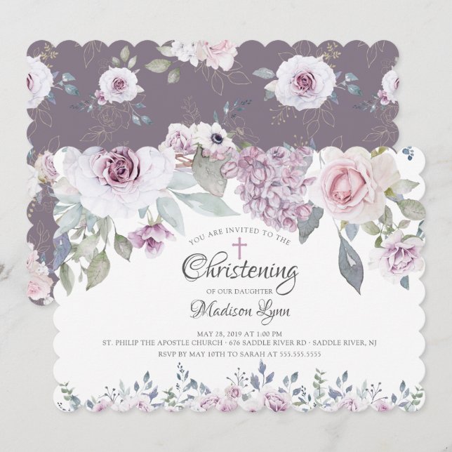 Aquarellfarben-Violett-Blume Weihnachten Einladung (Vorne/Hinten)