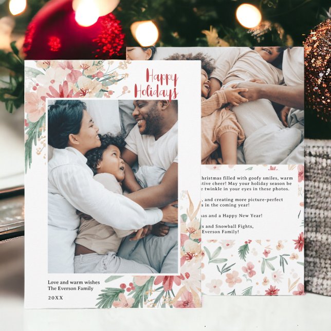 Aquarellfarben Weihnachtsfeiertage FotoCollage Feiertagskarte (Watercolor Floral Christmas Holiday Photo Collage)