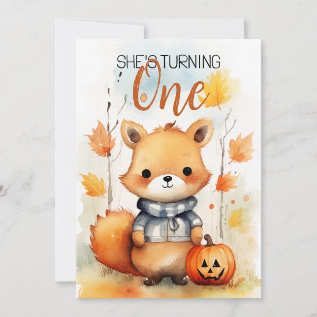 Aquarellfarben Weiß & Braun Blätter Fox 1. Geburts Einladung (Vorderseite)