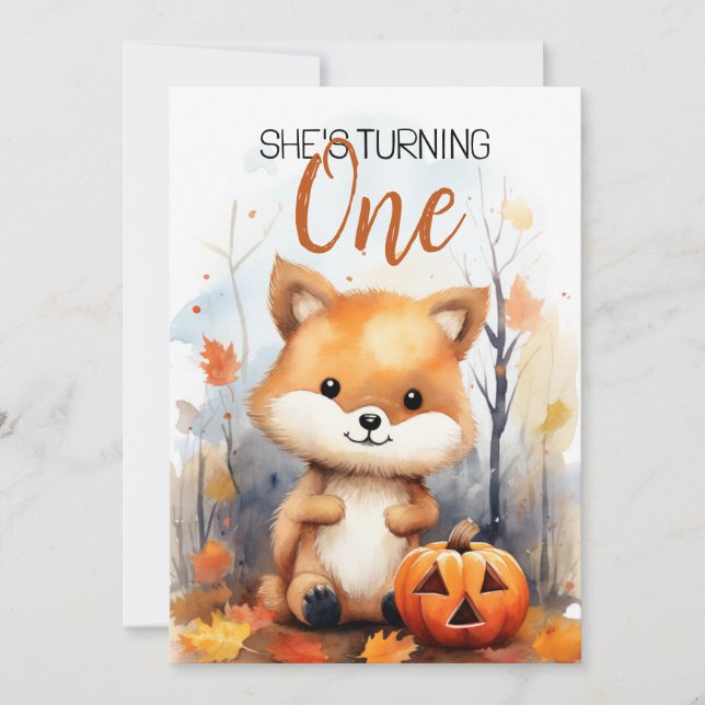 Aquarellfarben Weiß & Braun Happy Fox 1. Geburtsta Einladung (Vorderseite)