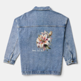 Aquarellfarben, weißes Lilly Bouquet und Text Jeansjacke