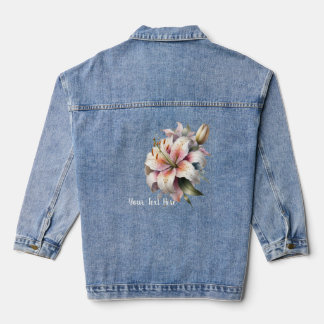 Aquarellfarben, weißes Lilly Bouquet und Text Jeansjacke