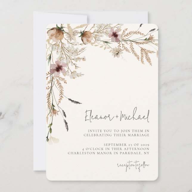 Aquarellfarben Wildblume Beige Hochzeit Einladung (Vorderseite)