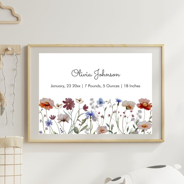 Aquarellfarben Wildblume Meadow Baby Birth Stats Poster (In situ)