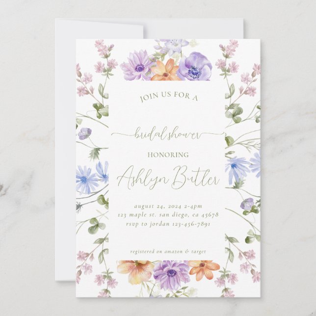 Aquarellfarben Wildblumen Brautdusche Einladung (Vorderseite)
