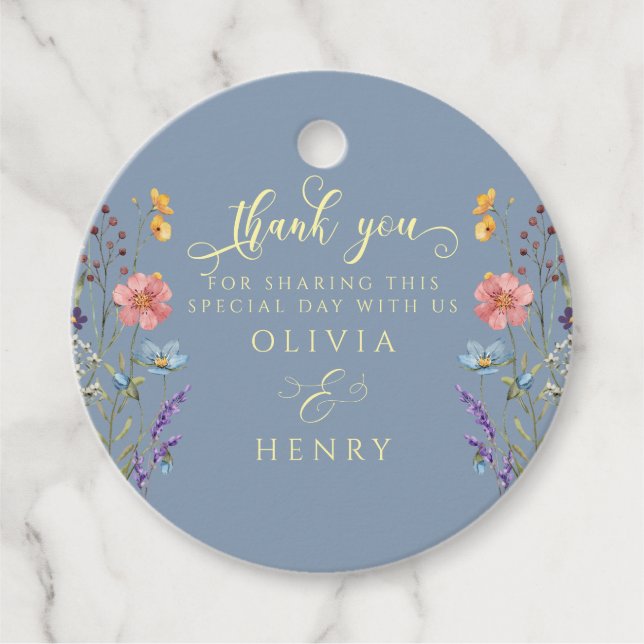 Aquarellfarben-Wildblumen Calligrafy Blue Wedding Geschenkanhänger (Vorderseite)