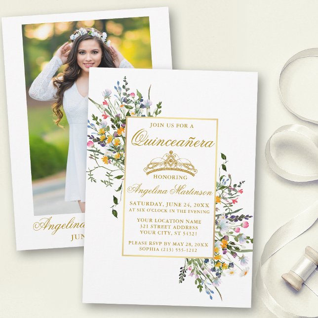 Aquarellfarben Wildblumen Foto Gold Quinceanera Einladung (Customize to change text size, color or text style.)