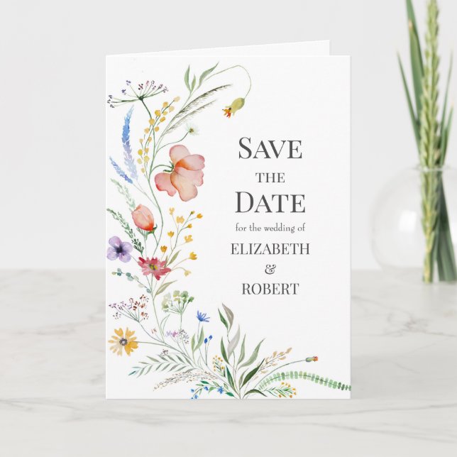 Aquarellfarben-Wildblumen Foto Save the Date Karte (Vorderseite)