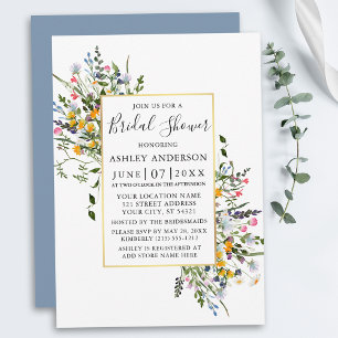 Aquarellfarben Wildblumen Gold Dusty Blue Dusche Einladung