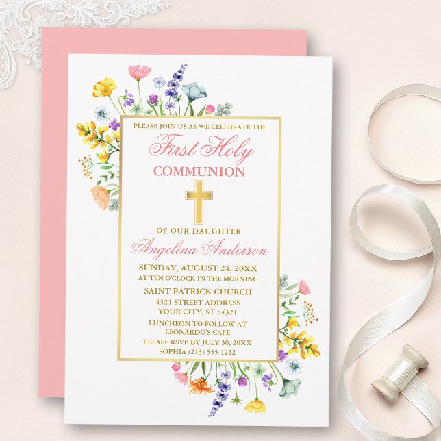 Aquarellfarben Wildblumen Gold Rosa Erste Kommune Einladung (Customize to change text color, text style or color of back of card.)