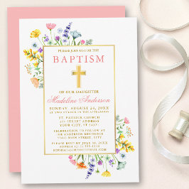 Aquarellfarben Wildblumen Goldpinke Taufe Einladung