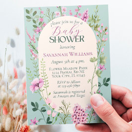Aquarellfarben Wildblumen Grüne Lila Babydusche Einladung