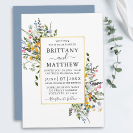 Aquarellfarben Wildblumen Hochzeit Gold Dusty Blue Einladung