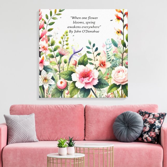 Aquarellfarben-Wildblumen mit Zitat von Frühling Leinwanddruck (Insitu (Wohnzimmer))