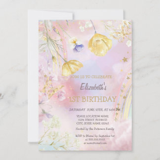 Aquarellfarben Wildblumen Regenbogen Geburtstag Einladung