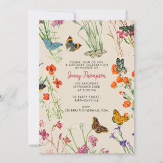 Aquarellfarben Wildblumen Schmetterlinge Geburtsta Einladung