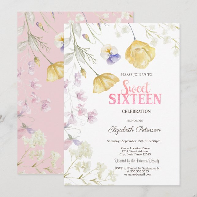 Aquarellfarben Wildblumen Süß 16 Einladung (Vorne/Hinten)