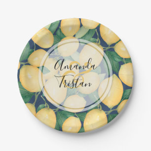 Aquarellfarben-Zitronen für Navy Blue Personalisie Pappteller