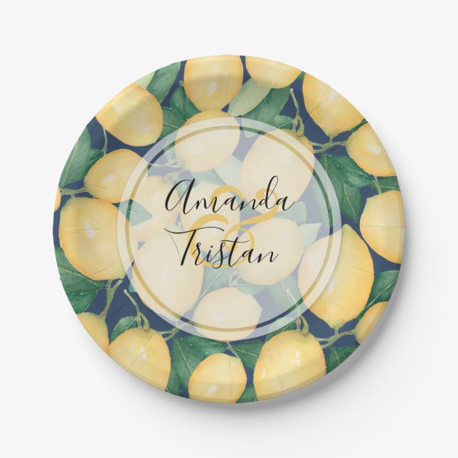 Aquarellfarben-Zitronen für Navy Blue Personalisie Pappteller (Vorderseite)