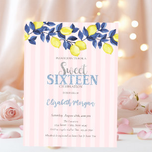 Aquarellfarben Zitronen Rosa Streifen Süß 16 Einladung
