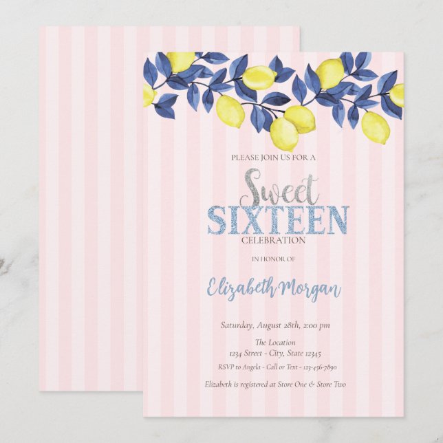 Aquarellfarben Zitronen Rosa Streifen Süß 16 Einladung (Vorne/Hinten)