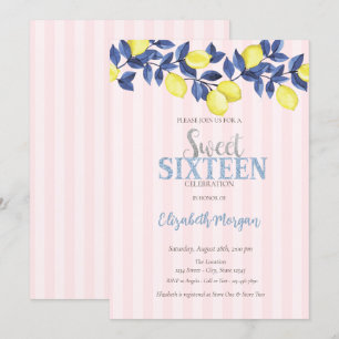 Aquarellfarben Zitronen Rosa Streifen Süß 16 Einladung