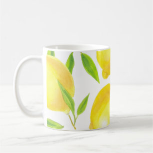 Aquarellfarben Zitronen und Blätter: Muster. Kaffeetasse
