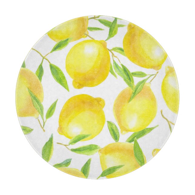 Aquarellfarben Zitronen und Blätter: Muster. Schneidebrett (Vorderseite)