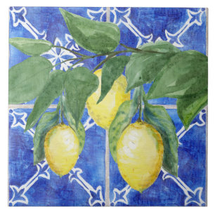 Aquarellfarben Zitrus Zitrusblätter Blaues weiße Fliese