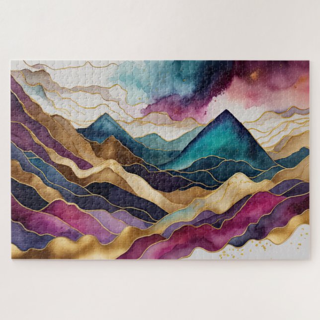 Aquarellfarbene Abstrakte Landschaftsmalerei Gold (Horizontal)