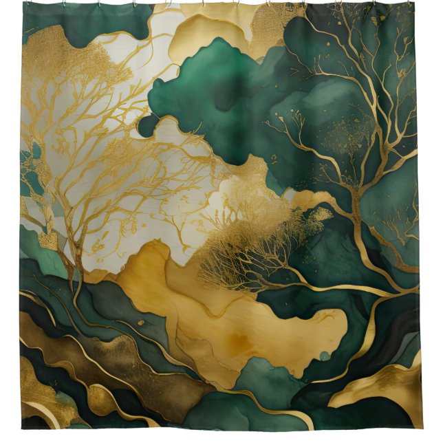 Aquarellfarbene Abstrakte Landschaftsmalerei Gold Duschvorhang (Vorderseite)