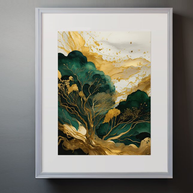 Aquarellfarbene Abstrakte Landschaftsmalerei Gold  Poster (Von Creator hochgeladen)