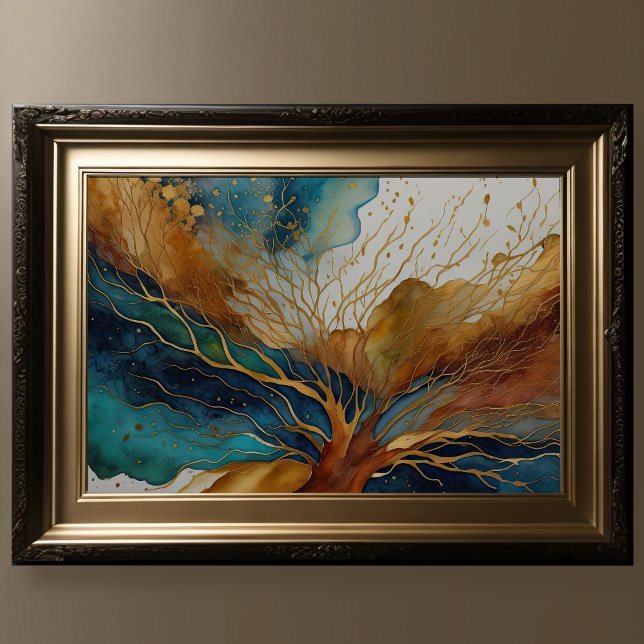 Aquarellfarbene Abstrakte Landschaftsmalerei Gold  Poster (Von Creator hochgeladen)