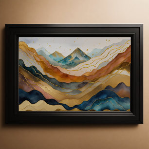 Aquarellfarbene Abstrakte Landschaftsmalerei Gold  Poster