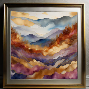 Aquarellfarbene Abstrakte Landschaftsmalerei Gold  Poster