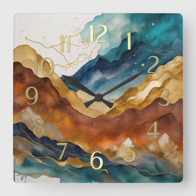 Aquarellfarbene Abstrakte Landschaftsmalerei Gold Quadratische Wanduhr (Vorderseite)
